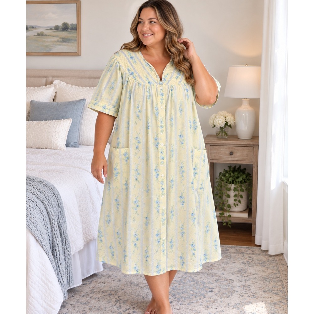 Jasmine Rose Intimates Floral Snap Front House Dress Robe 1X Yellow Blue